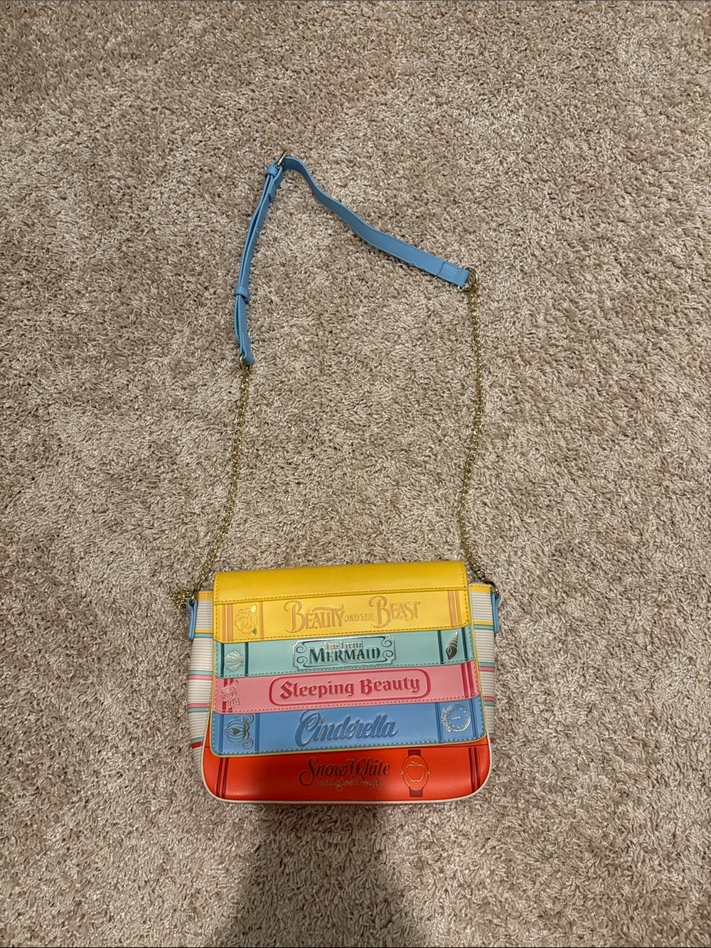 Multicolor Storybook Spine Crossbody Bag with Blue Strap